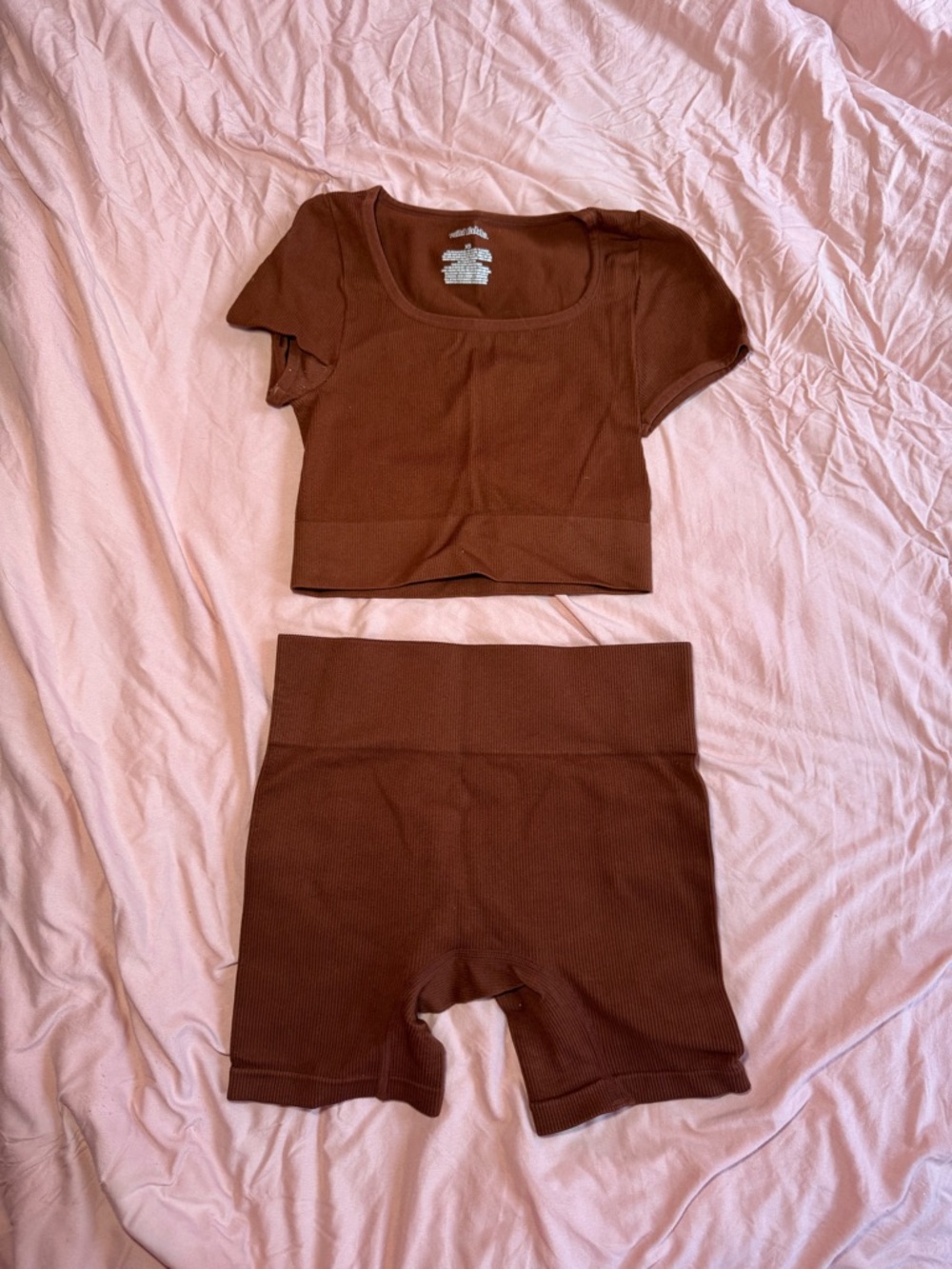 wild fable Brown Ribbed Crop Top & High-Waist Biker Shorts Set